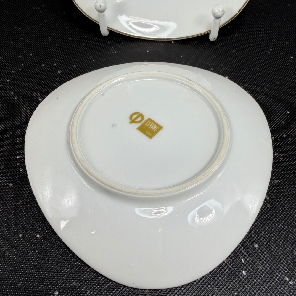 Cerpac Peru Peacock Porcelain Plate Dish Set 4 Triangular Gold Rim Butter Pat - Picture 8 of 10